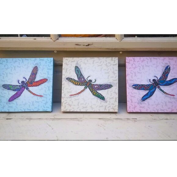 Dragonfly Triptych three (3) panels Art Giclee Canvas Wrap Limited Edition - Picture 1 of 13